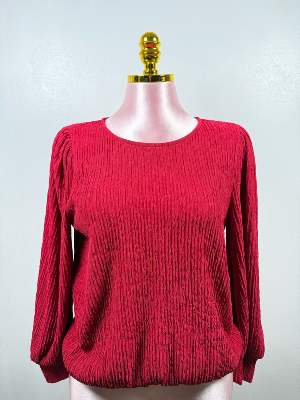 Luna Red Textured Blouse Size Medium Long Sleeve Open Back Elegant Top NWT
